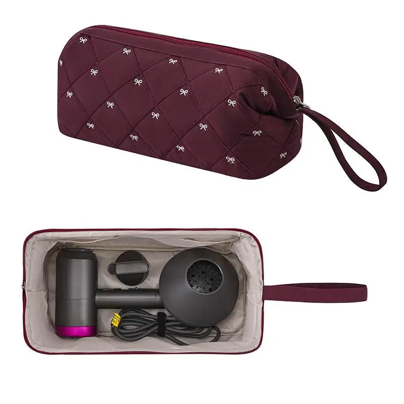 Quilted Hair Dryer Bag – Bow Embroidery Travel Storage Organizer