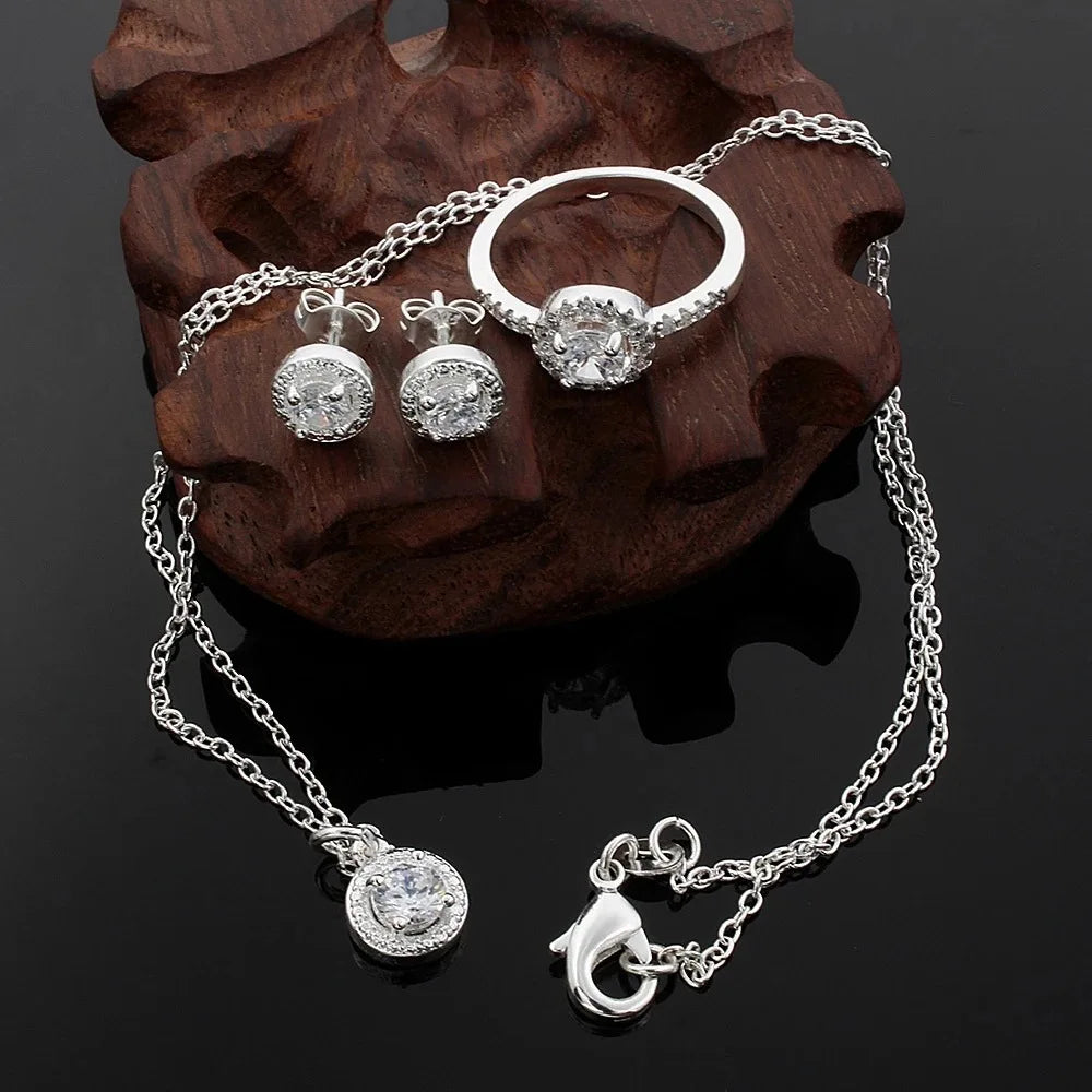 Zircon Crystal Silver Necklace Ring & Earrings 3-Piece Set Crystal Jewelry Set Nixie