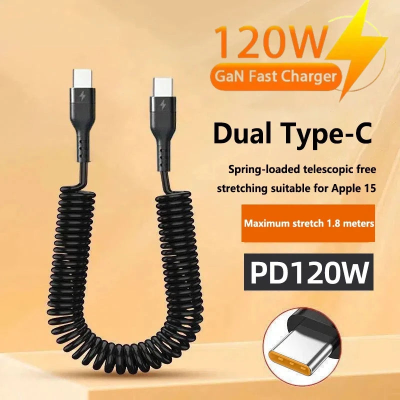 120W Spring Retractable USB-C Fast Charging Cable | PD 60W