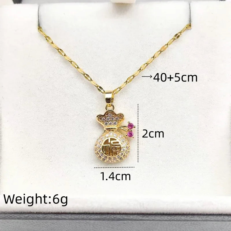 Lucky Bag Copper Pendant Zircon Necklace – Gold Clavicle Chain Pendant Necklace Nixie