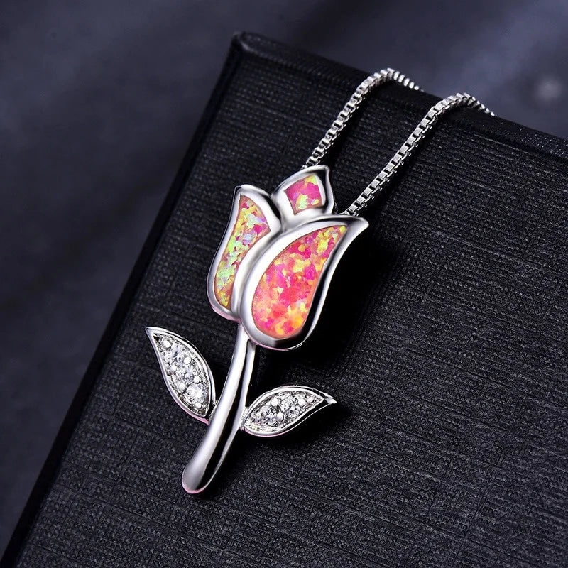 Rose Flower Pendant Necklace for Women – Pink Copper Alloy Pendant Necklace Nixie Silver Plated