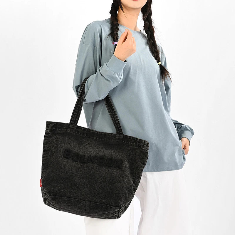 Korean Retro Embroidered Washed Denim Shoulder Bag | Large Tote