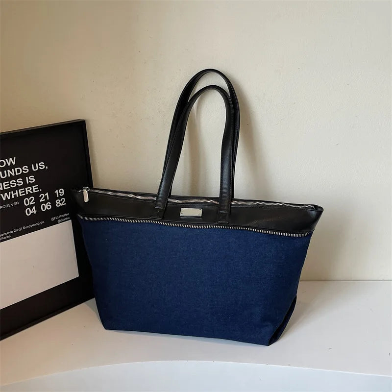 Women's Large Denim Tote Bag – Casual Commuter Shoulder Handbag Denim Tote Bag Nixie Dark Blue