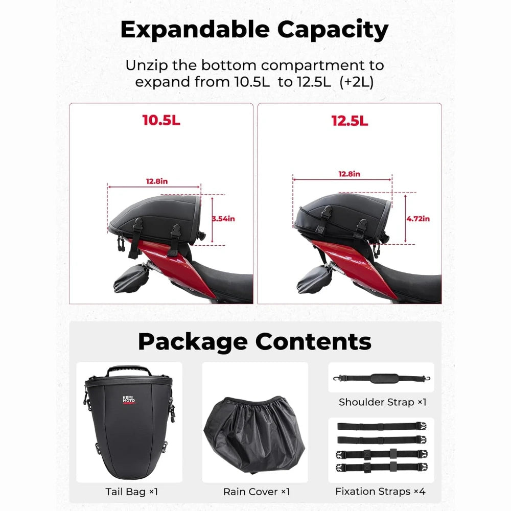 KEMITOUR 12.5L Waterproof Expandable Motorcycle Tail Saddle Bag Motorcycle Tail Bag Nixie