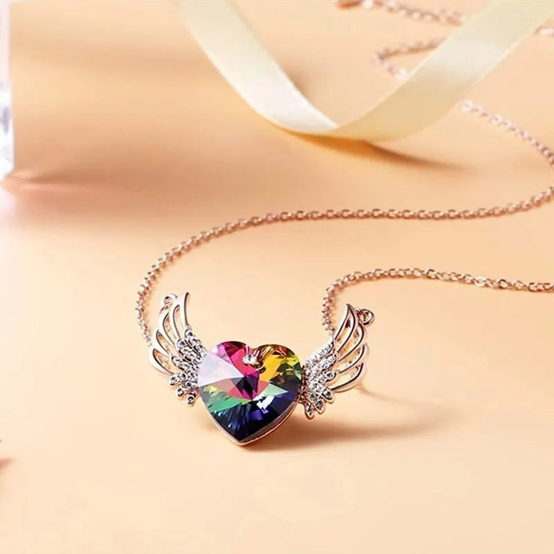 Angel Wing Heart Necklace – Glass Crystal Pendant for Women Crystal Pendant Necklace Nixie