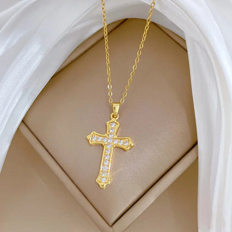Women's Gold Cross Pendant Necklace – Zircon & Stainless Steel Pendant Necklace Nixie