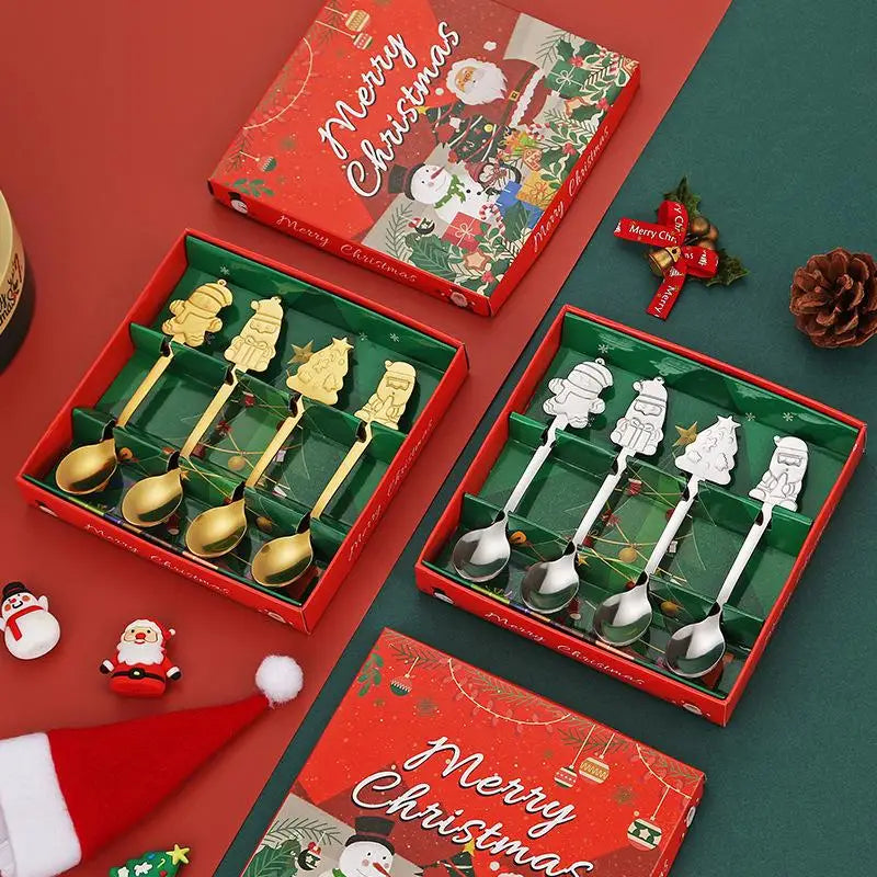 Christmas Stainless Steel Spoon Set 4Pcs – Santa Snowman Tree Holiday Spoon Set Nixie