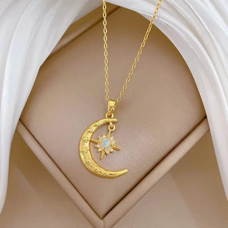 Star Moon Pendant Necklace | Gold Stainless Steel Choker Women Pendant Necklace Nixie
