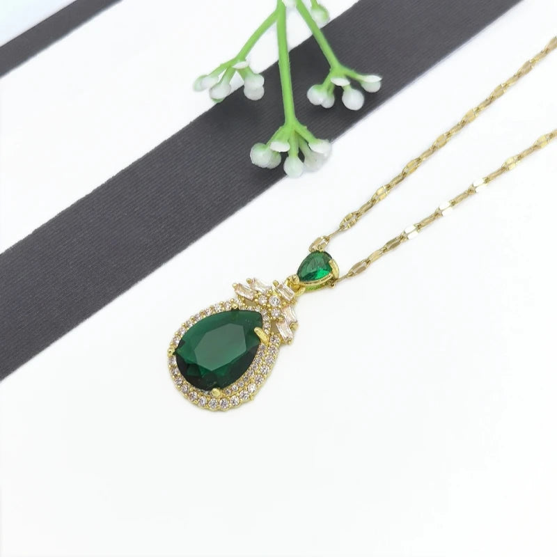 Emerald Zircon Pendant Necklace | Gold Stainless Steel Chain Pendant Necklace Nixie