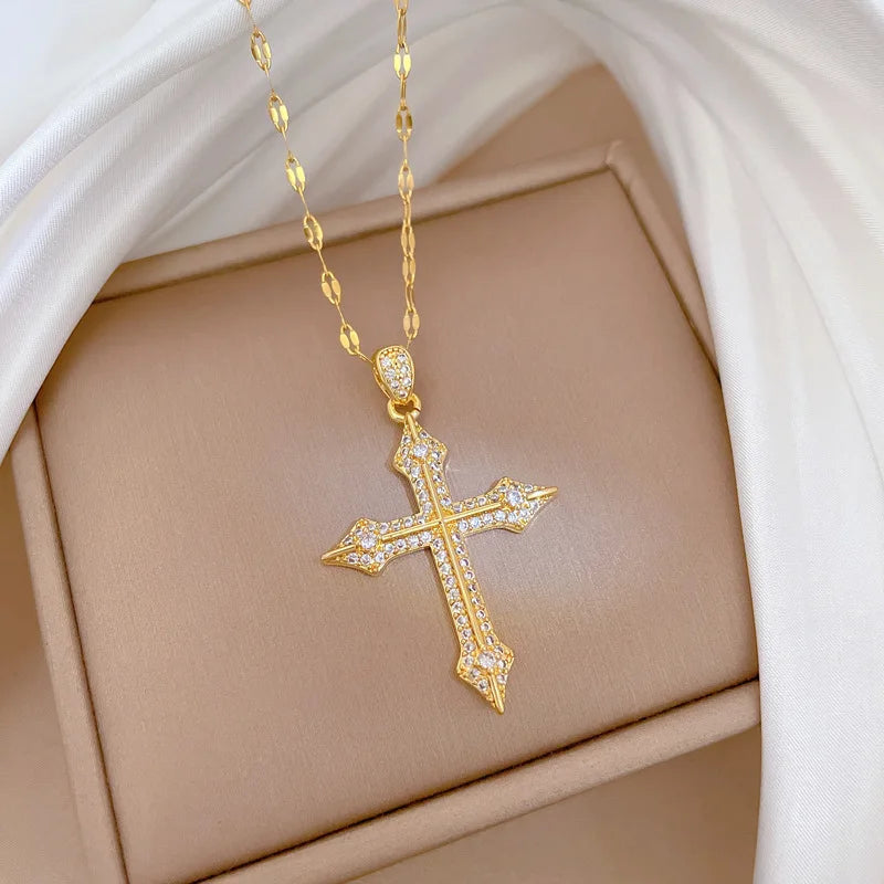 Women's Gold Cross Pendant Necklace – Stainless Steel Choker Pendant Necklace Nixie