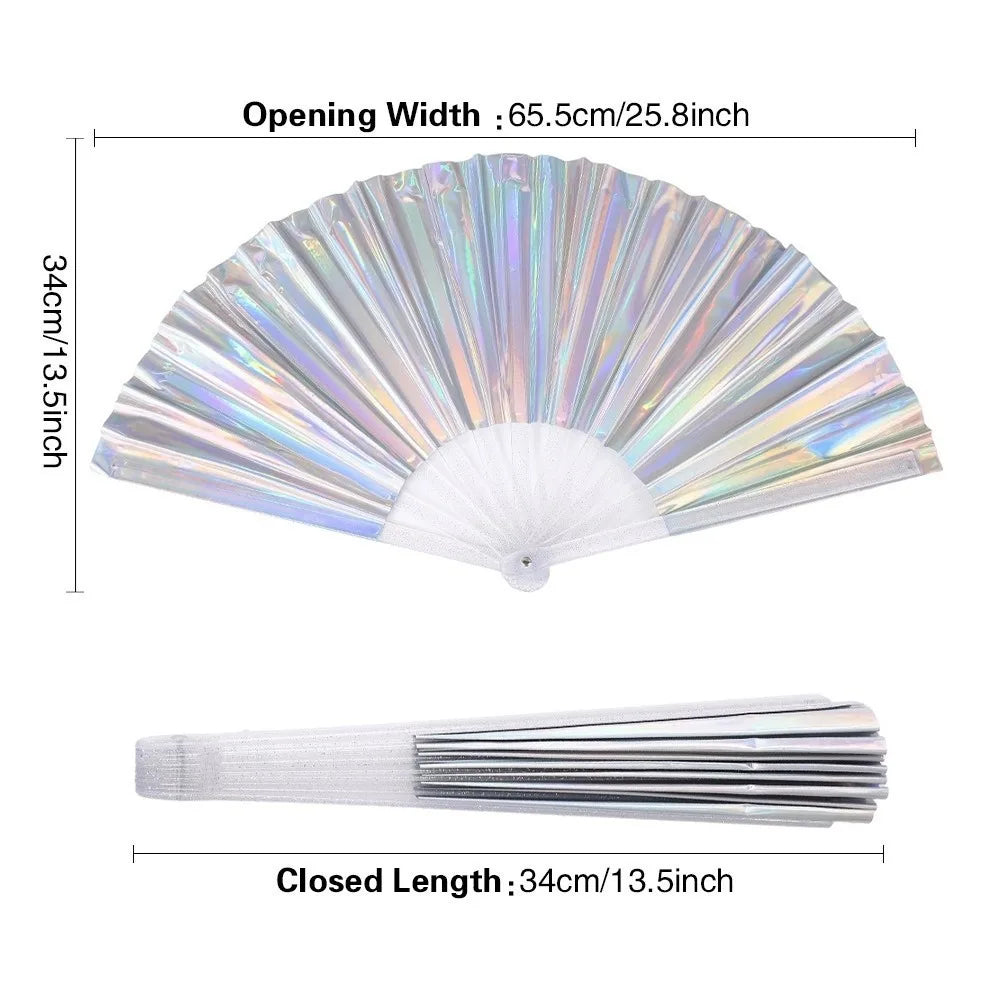 Holographic Folding Fan Large Iridescent Handheld Fan Stage Prop Holographic Folding Fan Nixie Silver