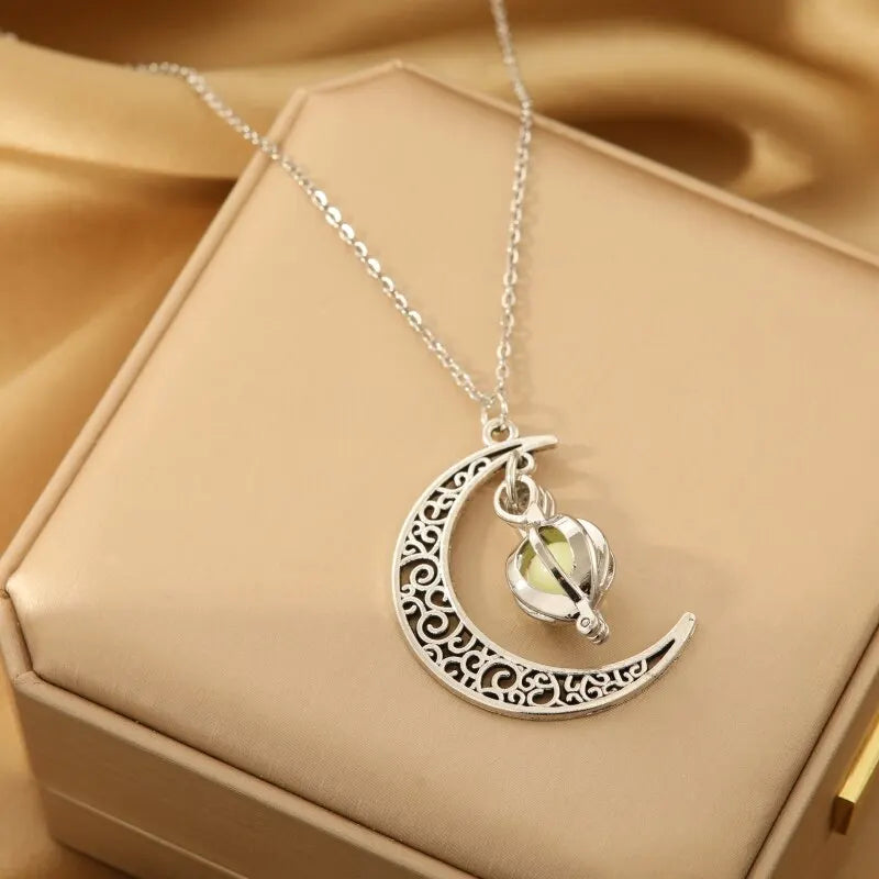 Silver-Tone Moon & Pumpkin Pendant Necklace | Light Luxury Style Pendant Necklace Nixie