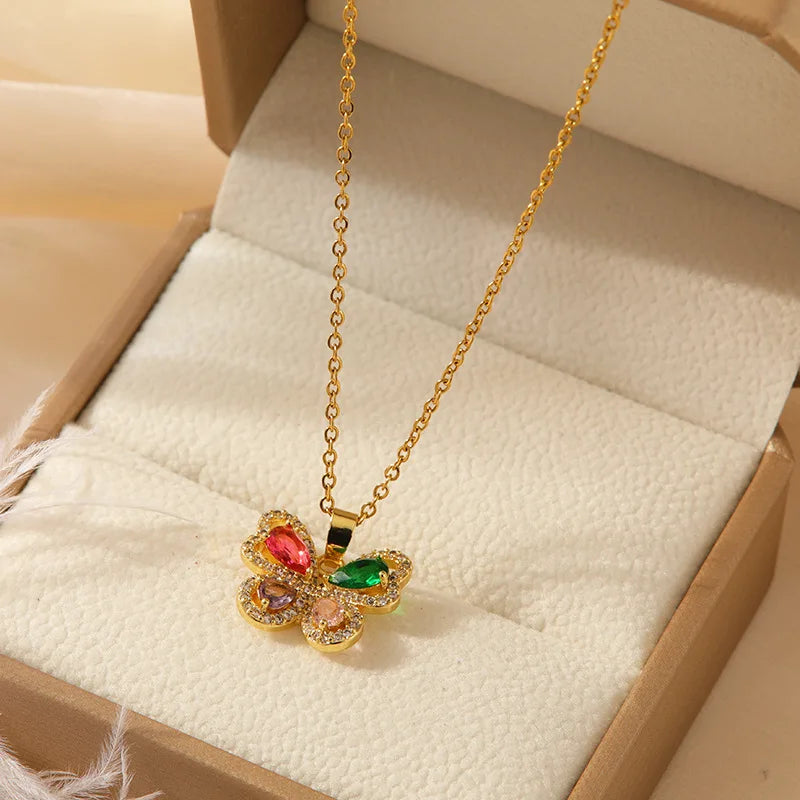 Zircon Butterfly Pendant Necklace Women | Gold Stainless Steel Pendant Necklace Nixie