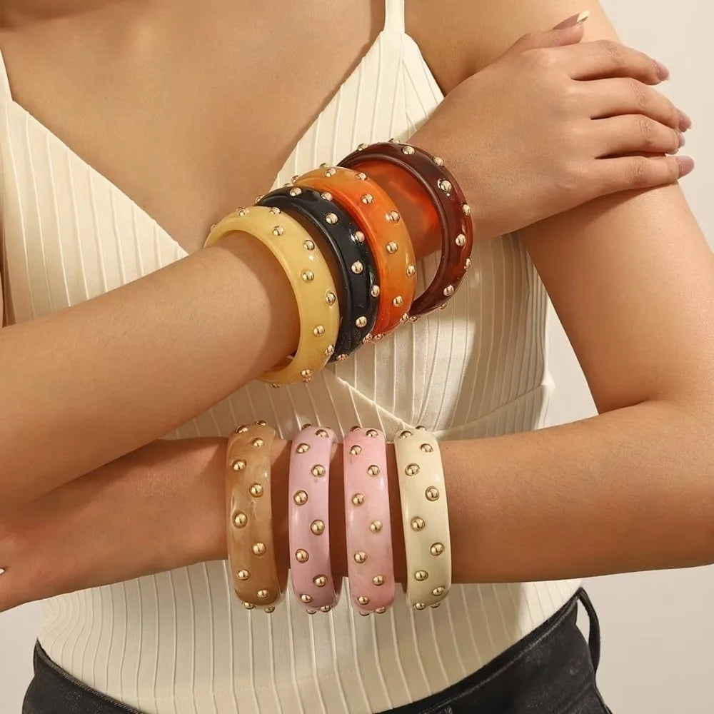 Punk Chunky Resin Bangle with Gold Bead Inlay | Wide Acrylic