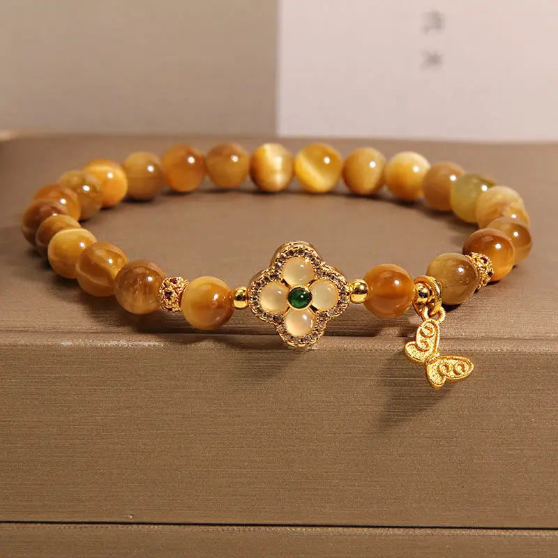 Golden Tiger Eye Four-Leaf Clover Bracelet | Women's Gift Gemstone Strand Bracelet Nixie Four Leaf Clover