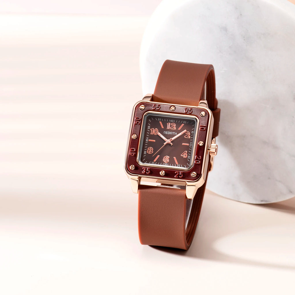 REBIRTH Women's Quartz Watch – Square Dial & Silicone Band Women's Quartz Watch Nixie