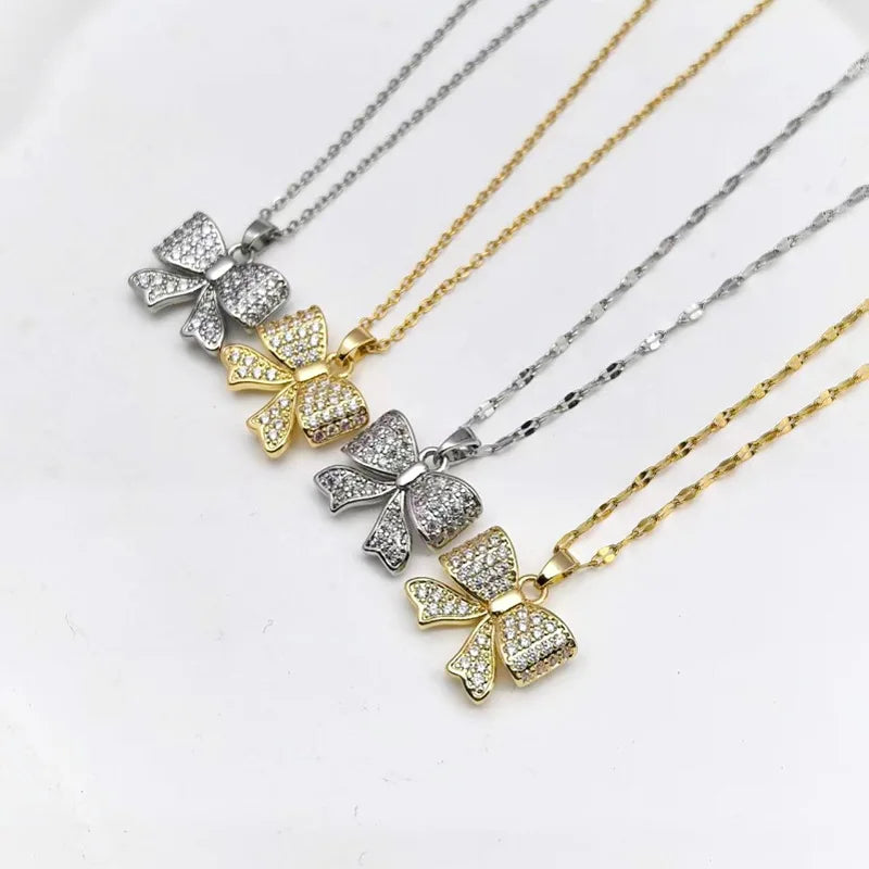 Bow Pendant Necklace – Stainless Steel & Zircon | Nixie Pendant Necklace Nixie