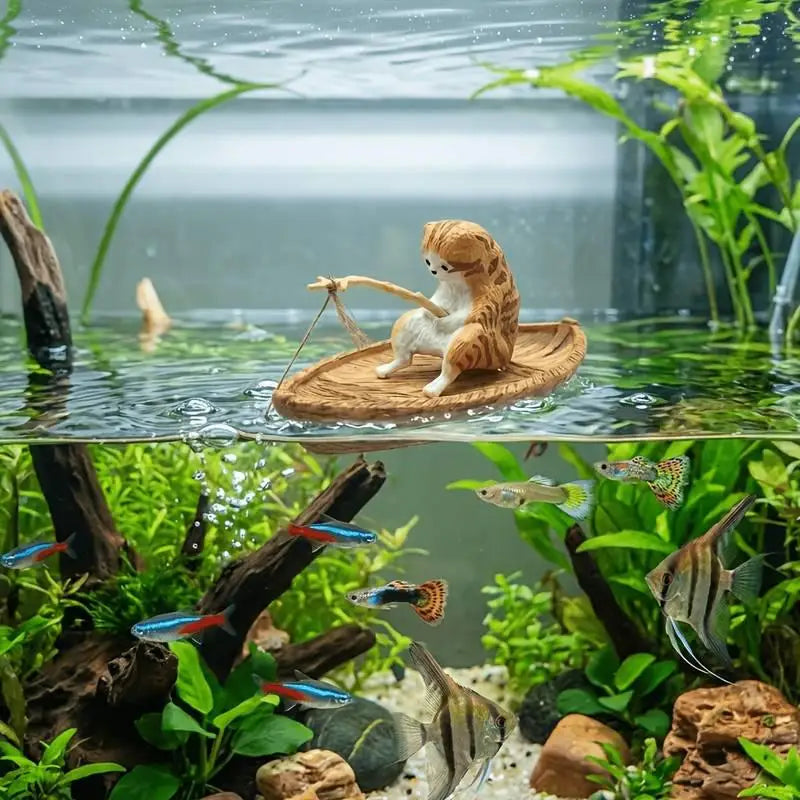 Resin Cat Fishing Boat Aquarium Ornament | Fish Tank Decor Aquarium Ornament Nixie