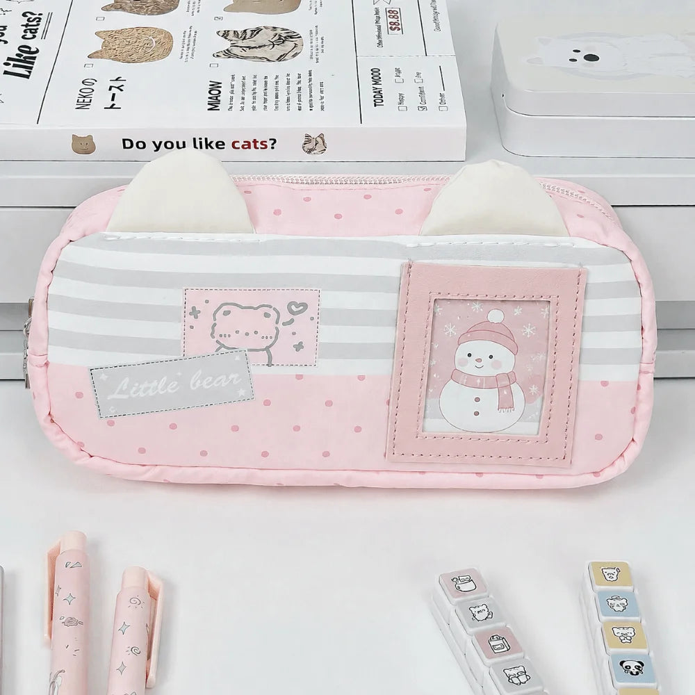 Kawaii Cat Ear Pencil Case Bear Print Pouch & Photo Window Pencil Case Pouch Nixie