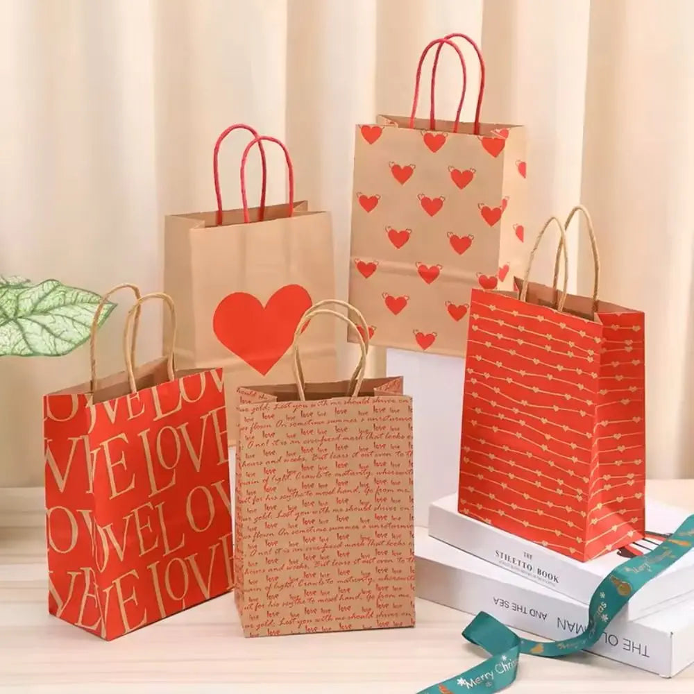 10Pcs Kraft Paper Gift Bags with Handles – Love Print Design