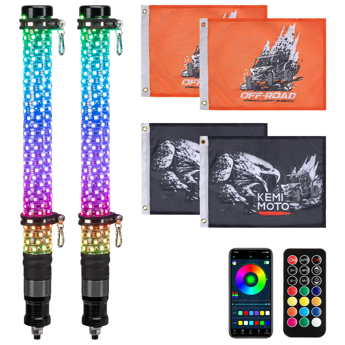 KEMIMOTO COB Fat Whip Lights UTV ATV Bluetooth IP67 Waterproof LED Whip Lights Nixie 2ft 600pcs 5050 LED