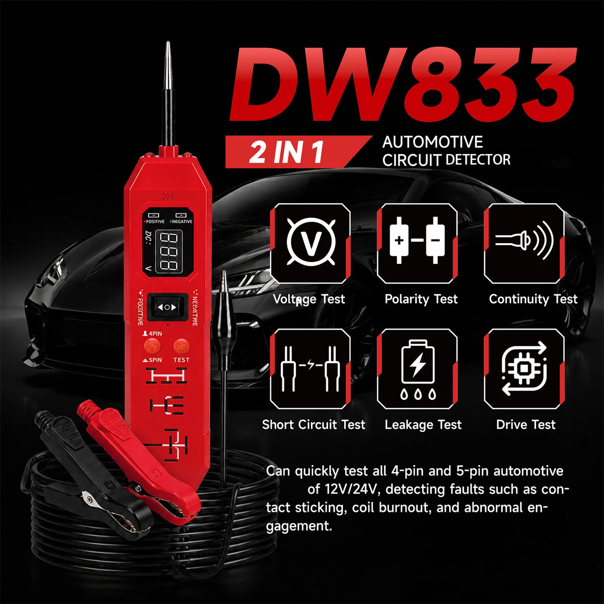 DW833 2-in-1 Automotive Relay & Circuit Tester 12V/24V Automotive Relay Tester Nixie