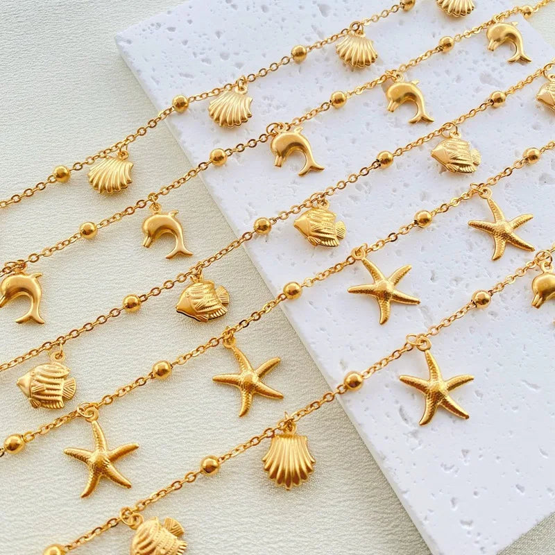 Ocean Style Stainless Steel Anklet – Starfish & Dolphin Charms Fashion Anklet Nixie