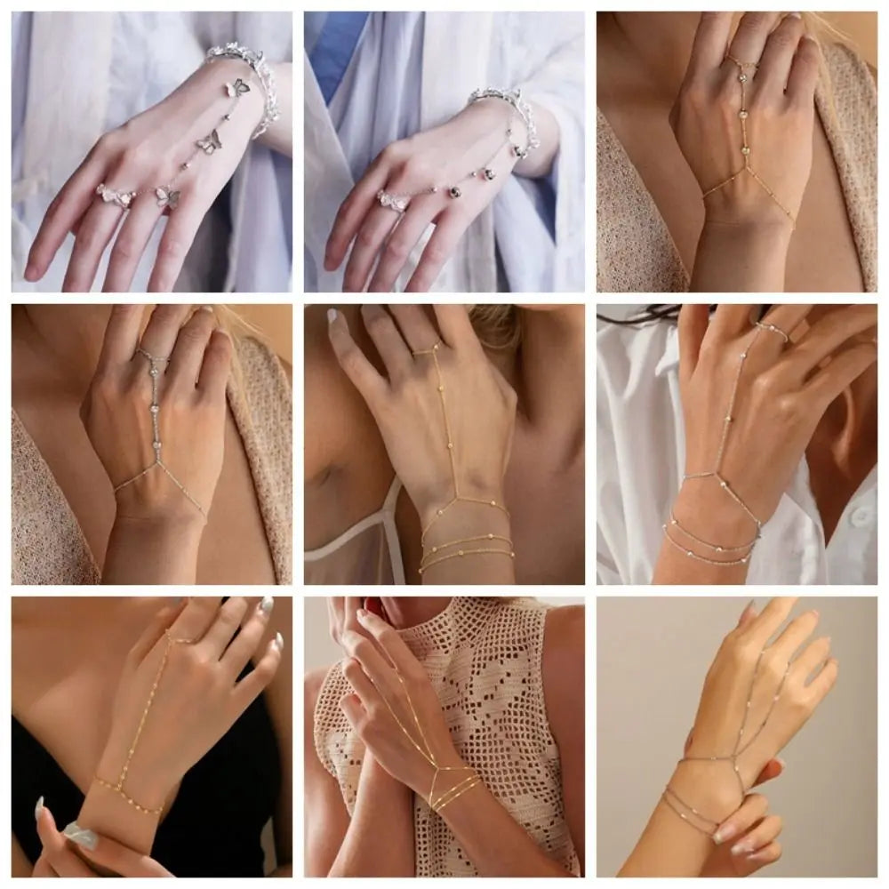 Rhinestone Butterfly Hand Chain Finger Ring Bracelet – Gold & Silver Hand Chain Bracelet Nixie