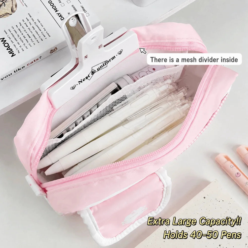 Pink Cat Print Pencil Case – Large Capacity Kawaii Pouch