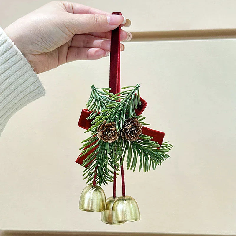 Christmas Jingle Bell Door Hanger – Velvet Bow & Pine Cone Ornament Christmas Door Ornament Nixie