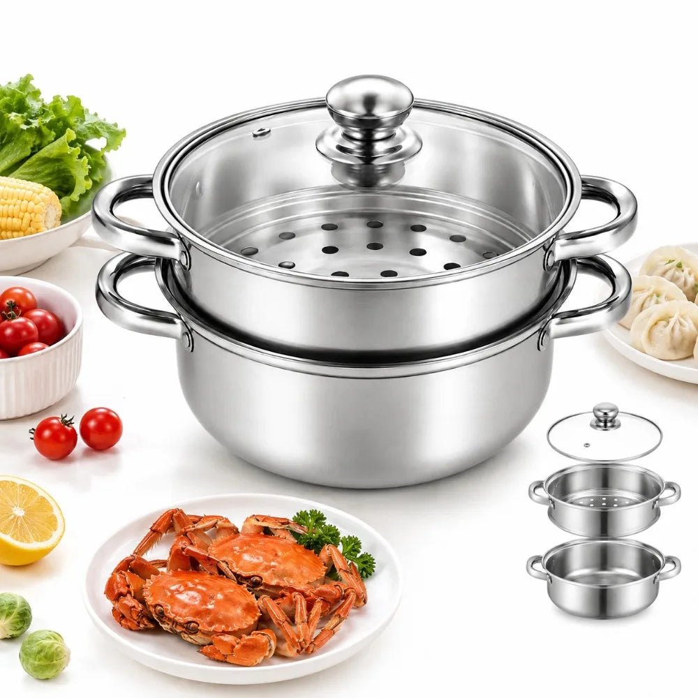 3-Piece Stainless Steel Steamer Pot Set with Glass Lids & Induction
