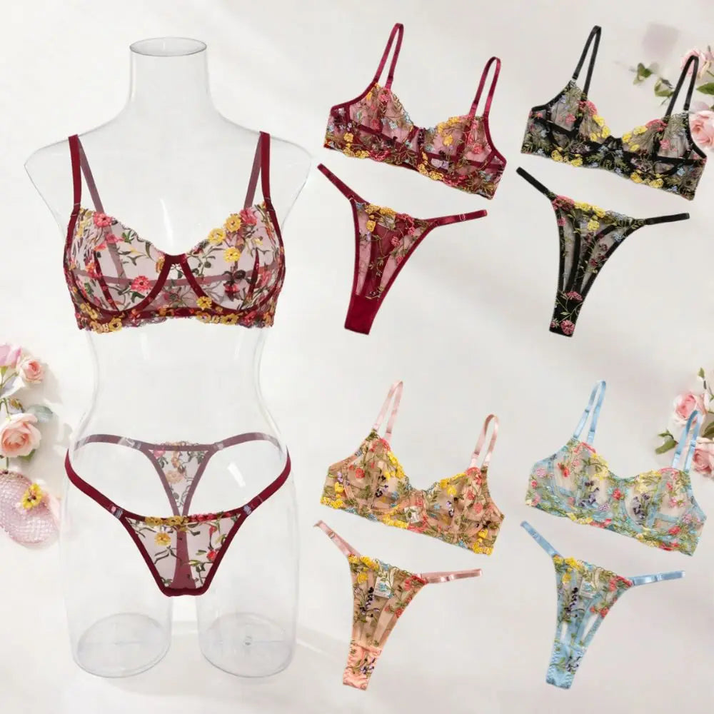 2-Piece Floral Embroidery Lingerie Set – Underwire Bra & Panty Lingerie Bra Set Nixie