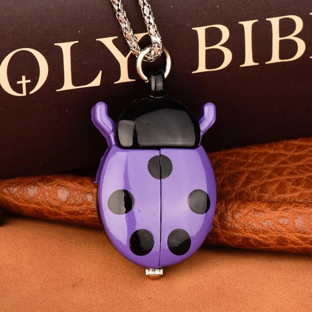 Cute Ladybug Pocket Watch with Chain – Quartz Beetle Design Pocket Watch Nixie Purple