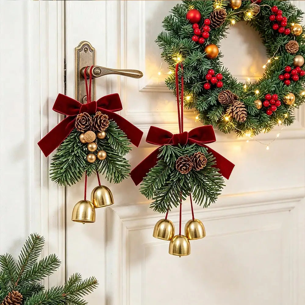 Christmas Jingle Bell Door Hanger – Velvet Bow & Pine Cone Ornament Christmas Door Ornament Nixie
