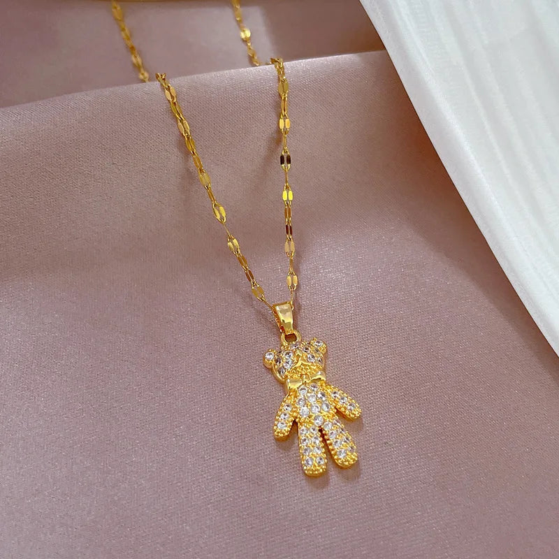Butterfly Bow Bear Pendant Choker Necklace – Gold Stainless Steel Pendant Necklace Nixie