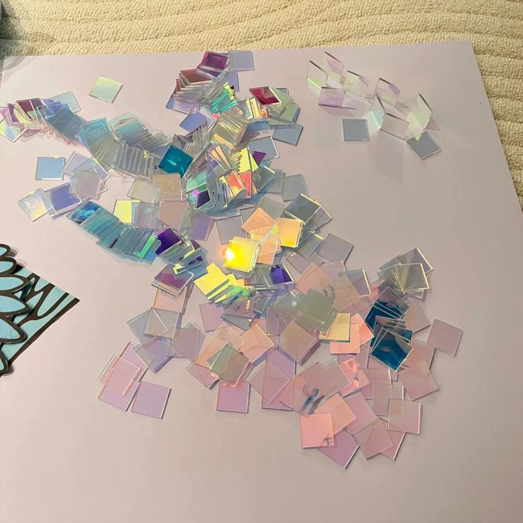 50/100Pcs Rainbow Holographic Acrylic Squares – DIY Decor Acrylic Craft Tiles Nixie