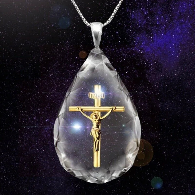Silver Crystal Water Drop Jesus Cross Pendant Necklace Cross Pendant Necklace Nixie