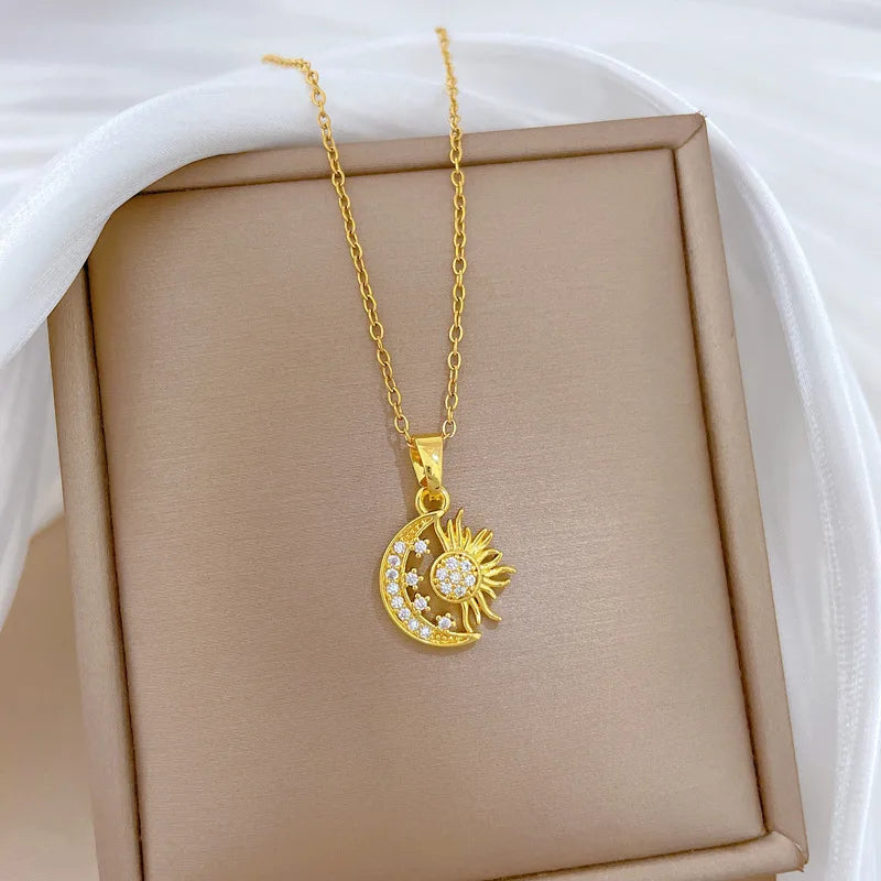 Moon Star Starburst Gold Copper Pendant Necklace for Women