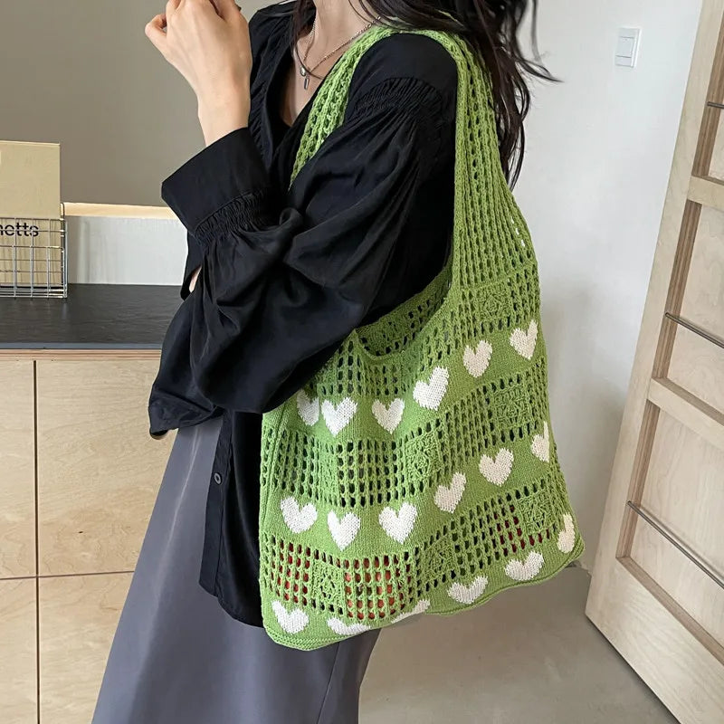 Nixie Heart-Shaped Knitted Tote Bag – Large Woven Shoulder Bag Knitted Tote Bag Nixie
