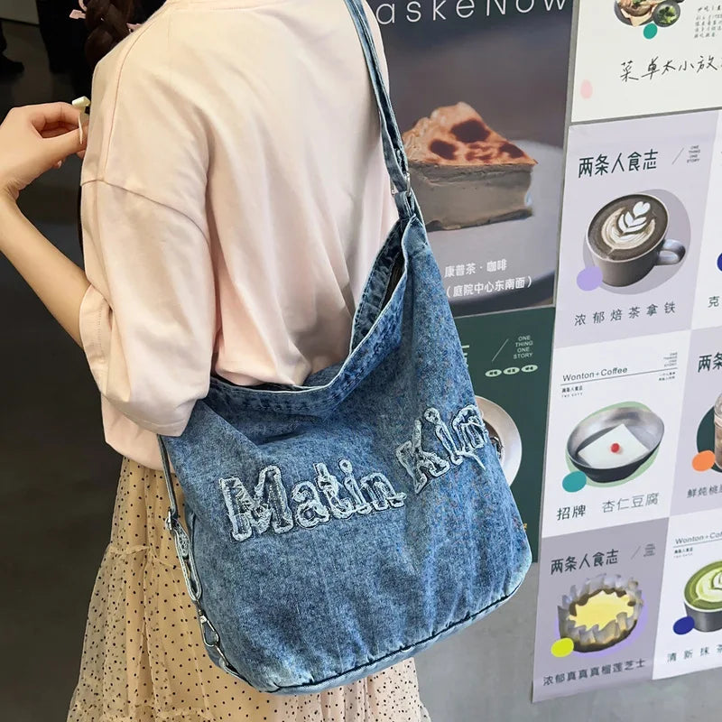 Women's Washed Denim Embroidered Backpack Tote | Nixie Bag
