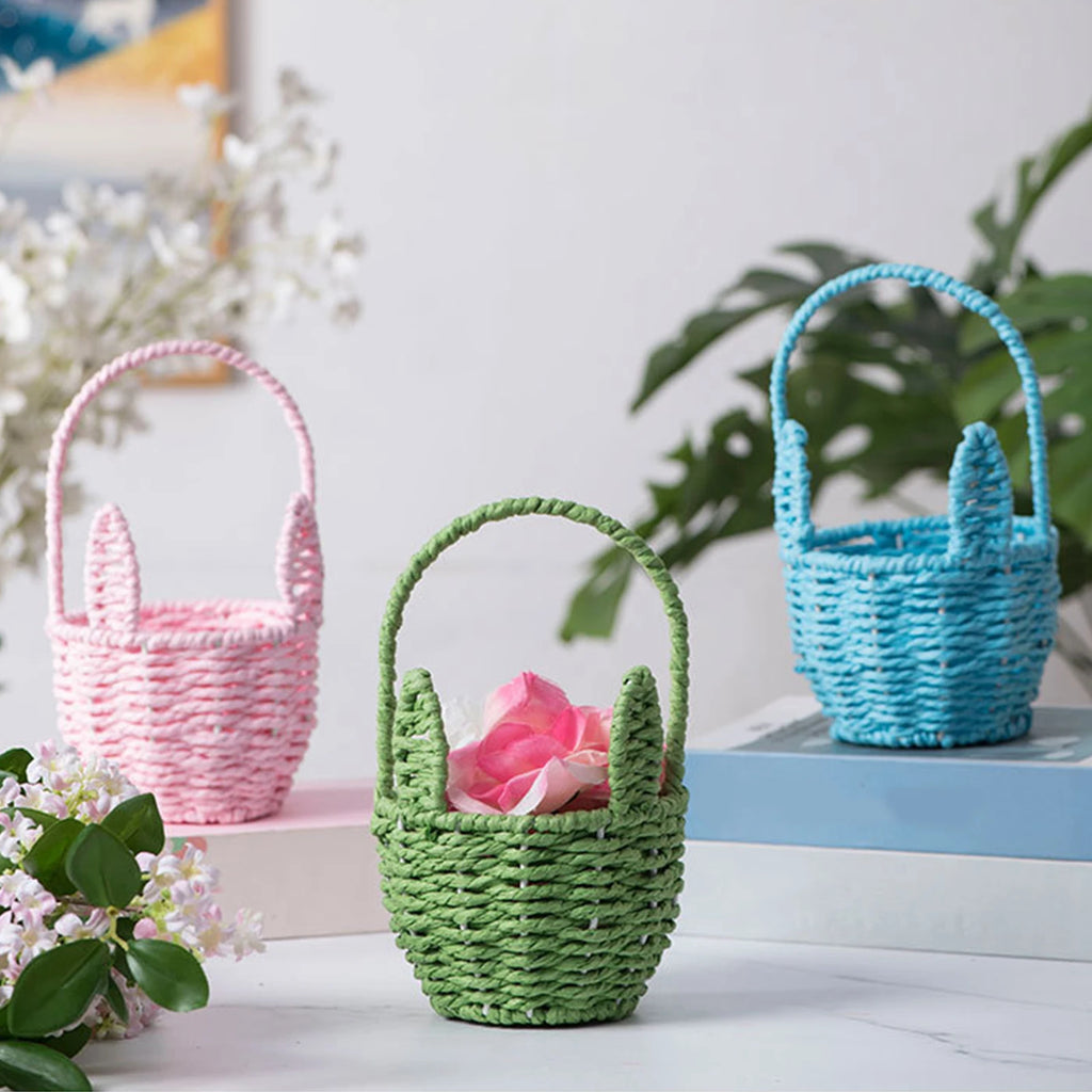 Easter Bunny Ears Woven Basket with Handle | Gift Organizer Woven Gift Basket Nixie