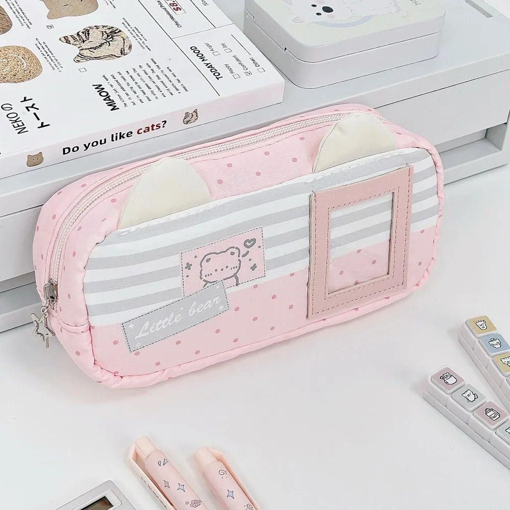 Kawaii Cat Ear Pencil Case Bear Print Pouch & Photo Window Pencil Case Pouch Nixie Pink Bear