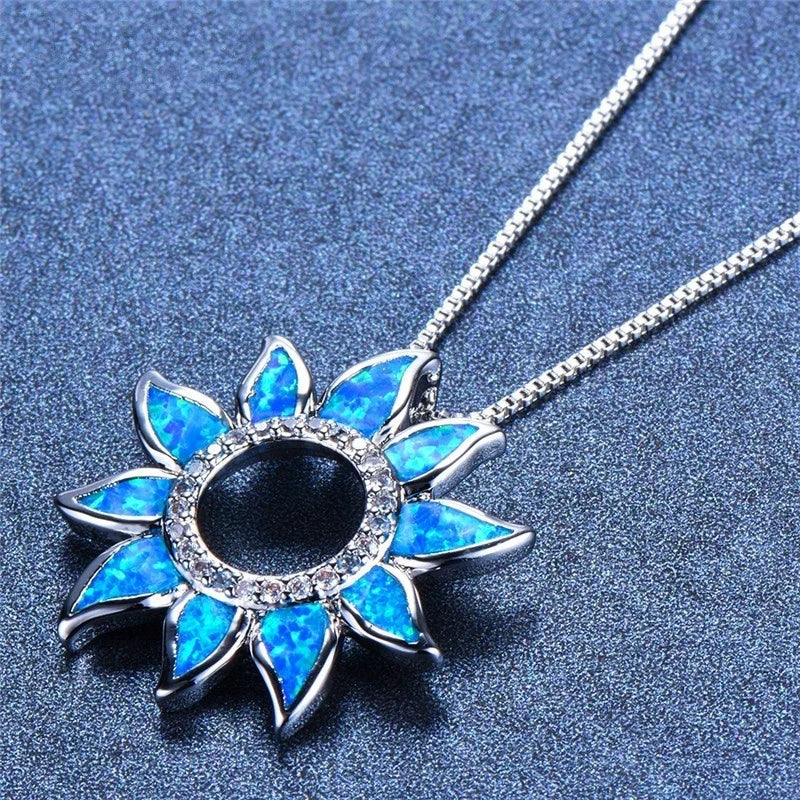 Retro Silver Sunflower Fire Opal Pendant Necklace | Rainbow Opal Pendant Necklace Nixie