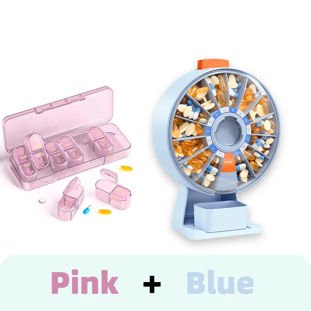 14-Day & 7-Day Pill Organizer Set – Home & Travel Case Pill Organizer Set Nixie Pink-Blue