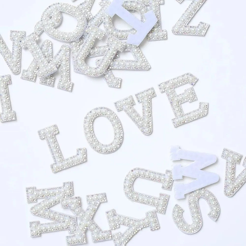 Pearl Rhinestone Letter Patches – Adhesive Non-Woven Appliqué Craft Letter Patches Nixie