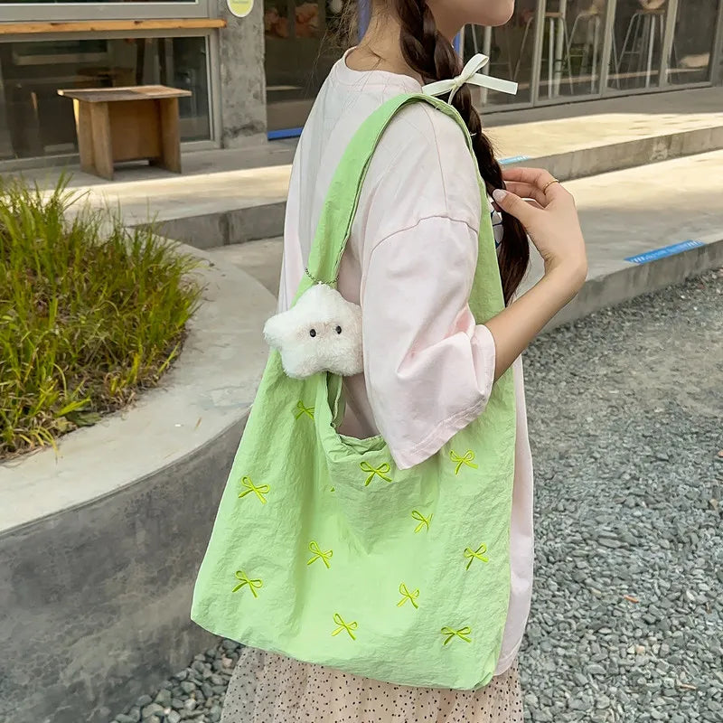 Korean Bow Embroidered Large Canvas Tote Bag for Women | Nixie Canvas Tote Bag Nixie