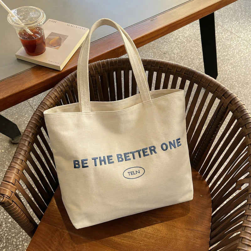 Embroidered Letter Canvas Tote Bag – Large Women's Shoulder Bag Canvas Tote Bag Nixie