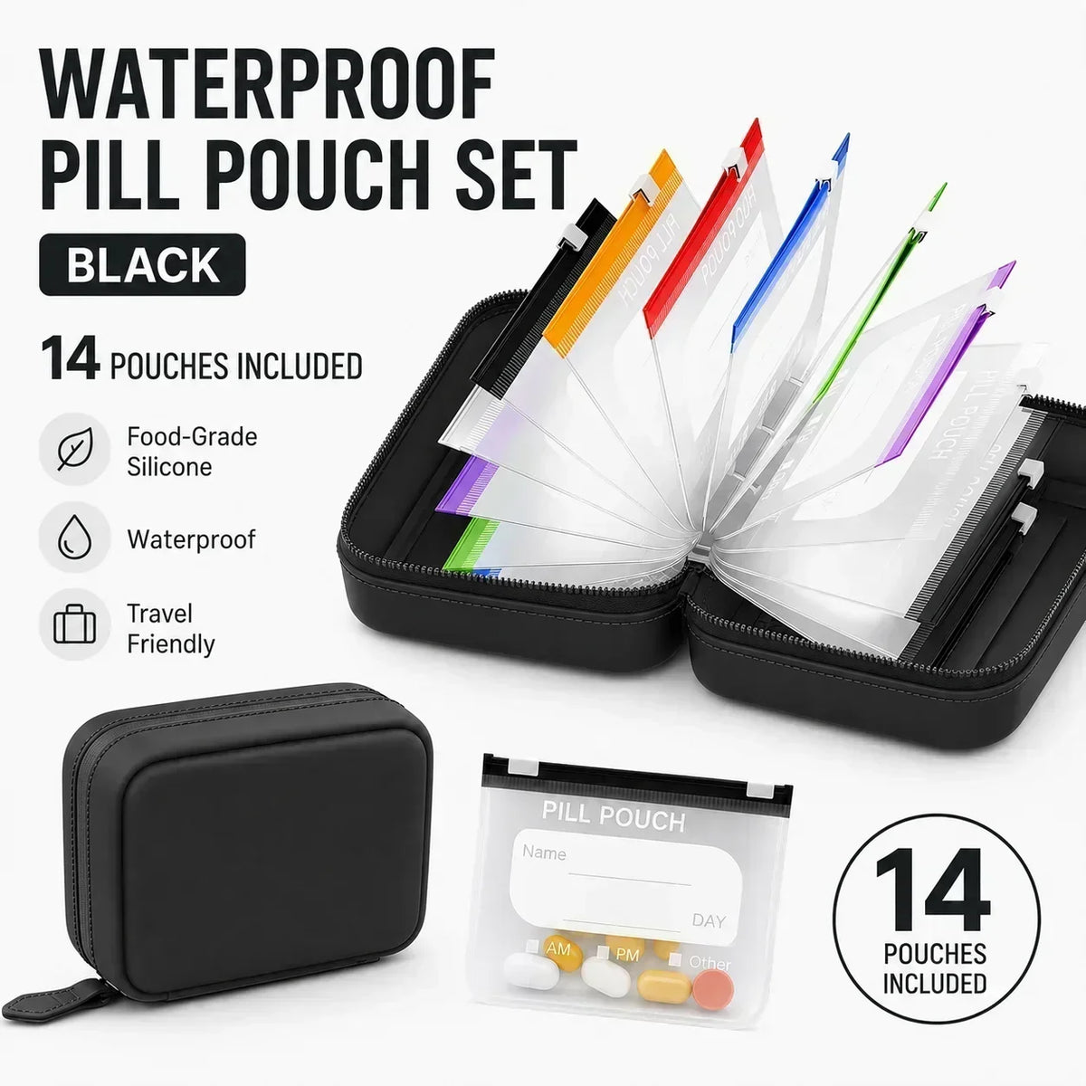 Compact Pill Organizer – 14 Zipper Pouches & Binder Case Pill Organizer Nixie 1PC Black