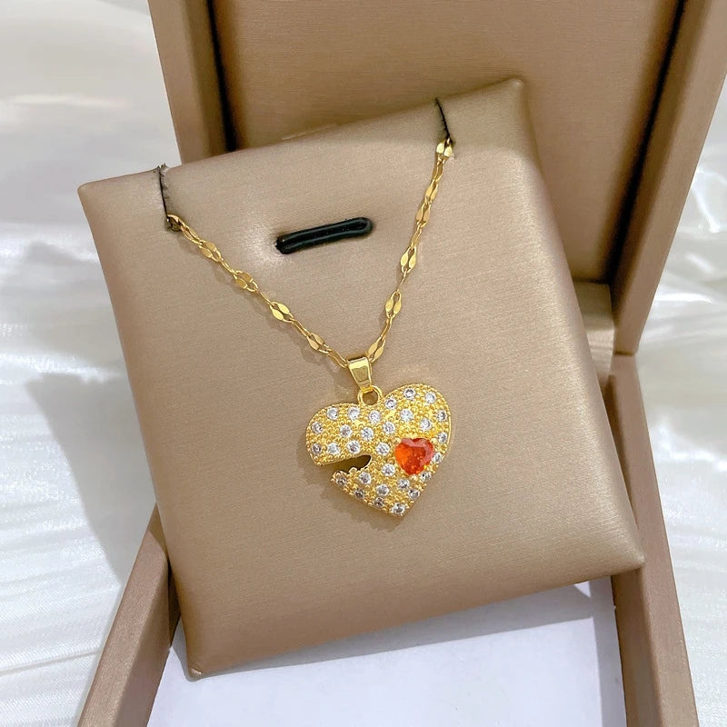 Heart Pendant Necklace Gold Stainless Steel Clavicle Chain Women