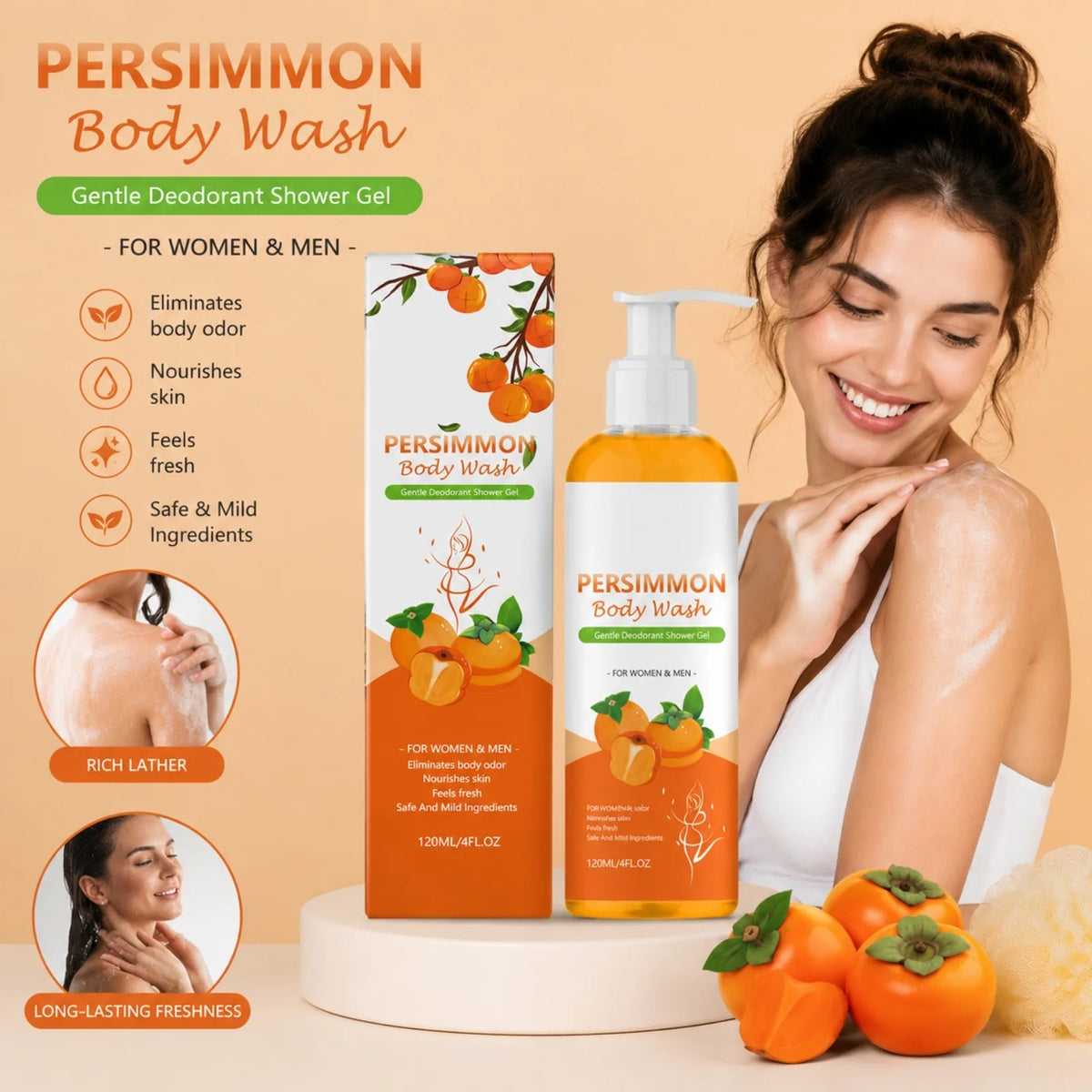 OceAura Persimmon Shower Gel & Foam Net – Unisex Body Wash Body Wash Set Nixie
